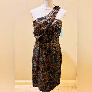 ANTONIO MELANI Black Lace One Shoulder Dress. Bronze Lining. Size 8. NWT